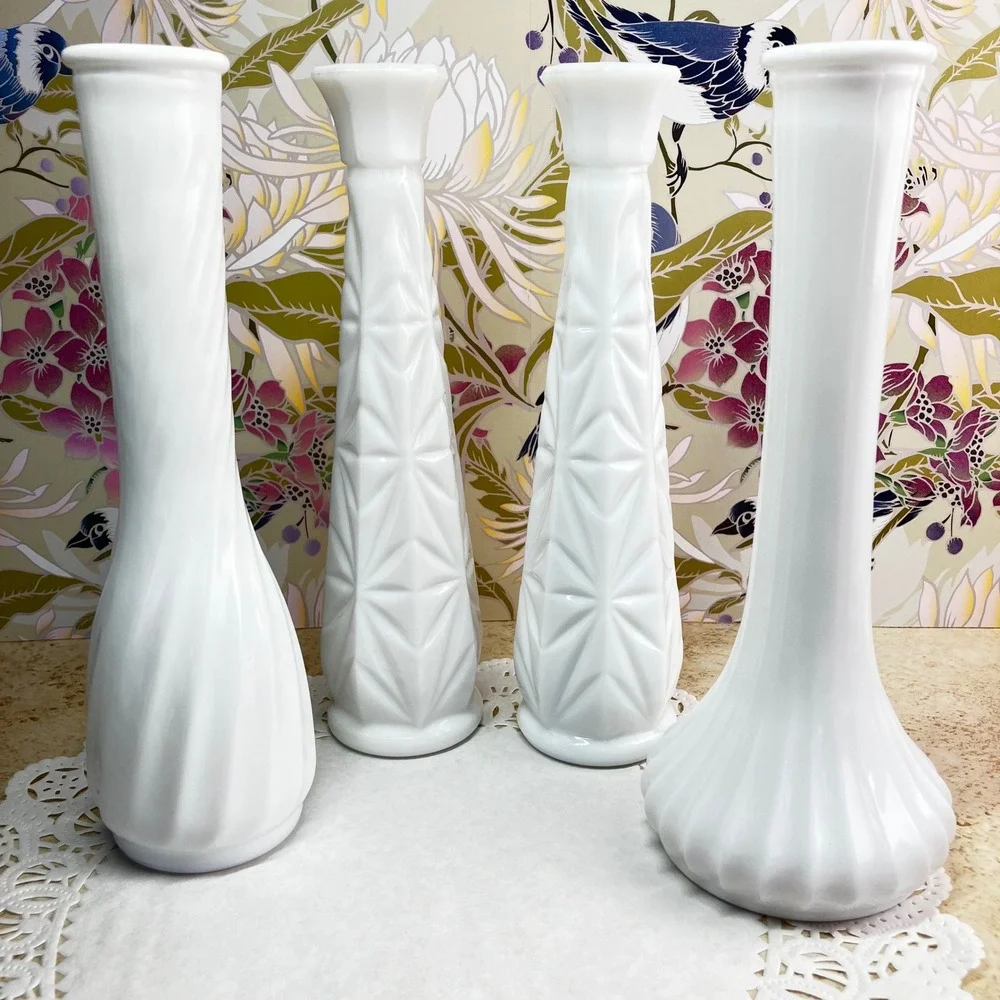 Hoosier Glass Bud Vases Set of 4 Vintage Milk Glass White Geometric Swirl
